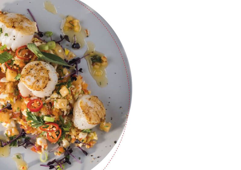 Lauwarmer Gemüsesalat  mit Melonen-Chili-Dressing  und gebratenen Jakobsmuscheln